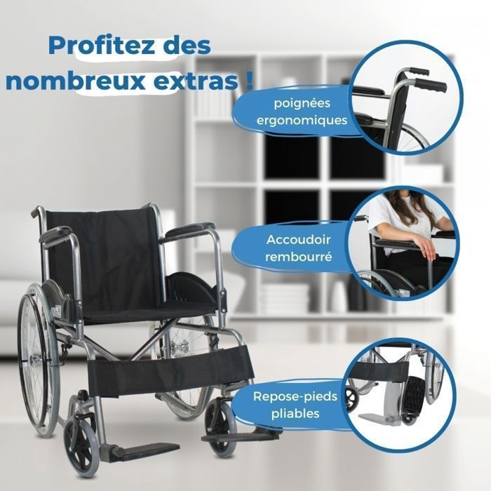 Silla de ruedas plegable Clinicalfy para personas con discapacidad, altura del asiento de 46 cm, accionamiento manual, freno manual duradero, reposabrazos cromados, acabado Valencia.