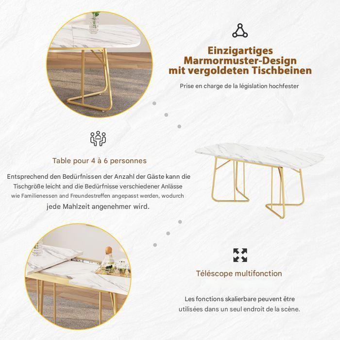 Mesa de comedor extensible Lemonbest de 140/180x80cm, blanca con base de mármol y exquisitas patas de metal chapadas en oro de lujo.