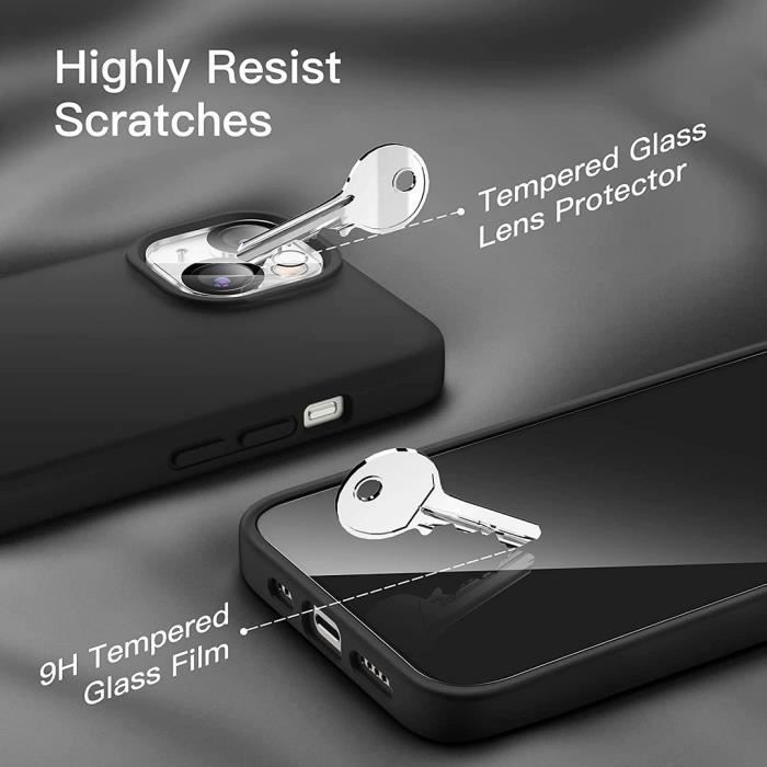 Custodia protettiva - BOOLING - per iPhone 14 - Silicone nero - Sottile + 2 pellicole protettive per lo schermo + 2 pellicole protettive per l'obiettivo della fotocamera