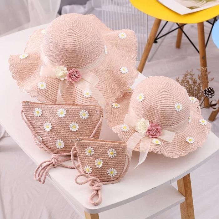 Conjunto de sombrero de paja y bolso para niña FUNMOON, pequeño, de 2 piezas, con estampado floral, nueva colección - 592171