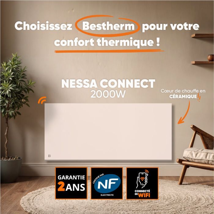 Radiatore elettrico fisso con inerzia a secco in ceramica e connessione WiFi - BETHERM - NESSA CONNECT 2000W - orizzontale bianco - NF