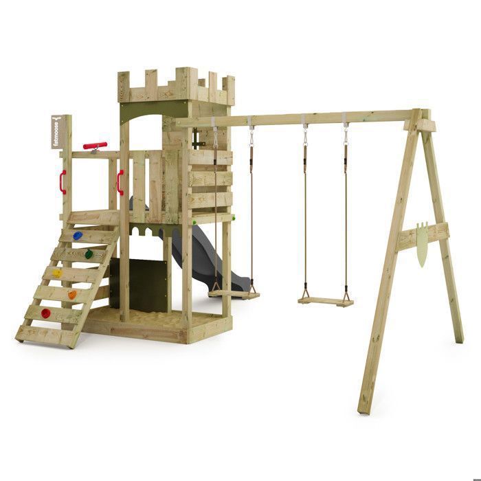 Tour de jeux bois FATMOOSE BoldBaron XXL avec double balançoire, toboggan 220 cm anthracite et mur d’escalade – 10 ans de garantie*