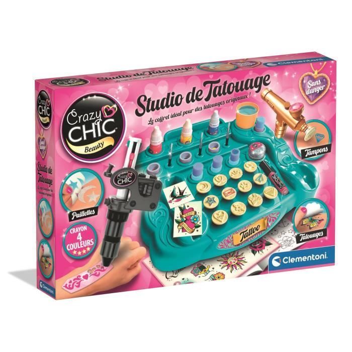CLEMENTONI - Studio de tatouage temporaires pour enfant - Kit complet  - Pochoirs, peintures corps et transfert - Dès 7 ans