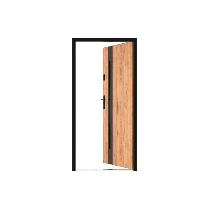 Solid steel and stainless steel front door, 207 cm high x 100 cm wide - smoked glass - oak and black effect - 55 mm thick - right-hand opening - BRAGA