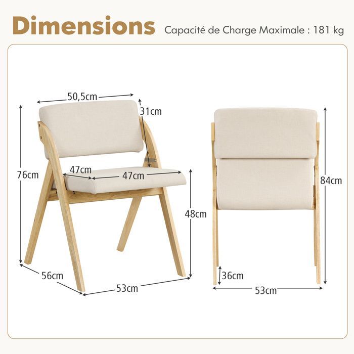 COSTWAY Lot de 2 Chaises de Cuisine Pliable avec Pieds en Bois de Caoutchouc Siège et Dossier Rembourrés, Hauteur du Siège 48 cm