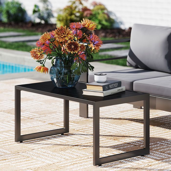 Mesa de centro para exteriores - Outsunny - tablero de listones - estructura de aluminio - para balcón, patio, terraza - 90 x 50 x 42 cm - negra