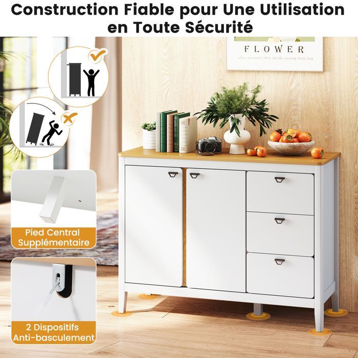 COSTWAY Buffet de Cuisine avec 2 Portes et 3 Tiroirs, Kits Anti-basculement, pour Cuisine, Salle à Manger, Salon, 106 x 40 x 80 cm
