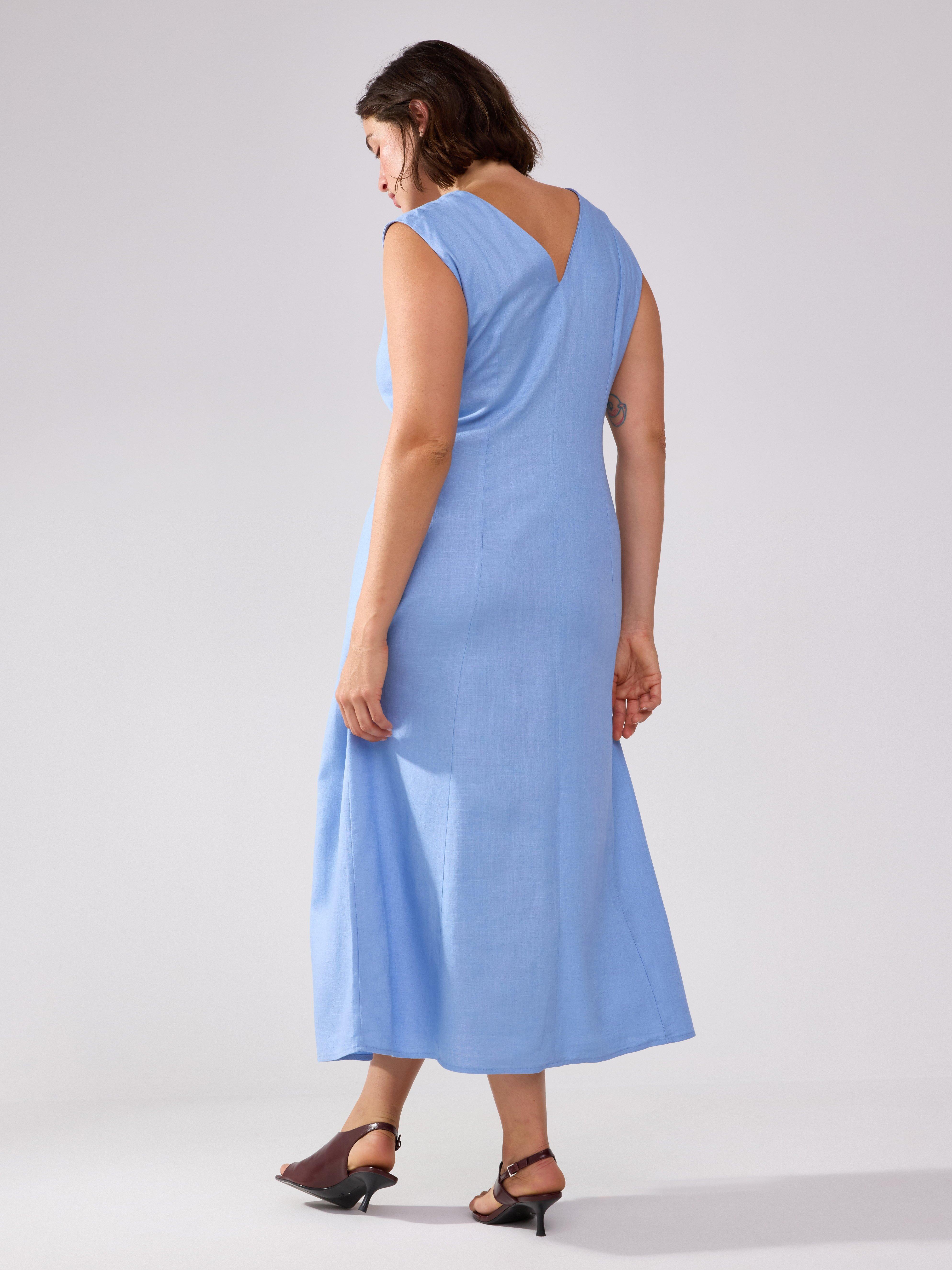 Vestido midi em mistura de linho azul claro