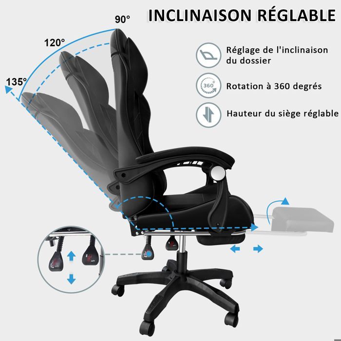 Sedia da gaming massaggiante, sedia da gamer con supporto lombare massaggiante, poggiatesta, altezza regolabile, schienale reclinabile a 135° -
