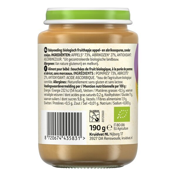 Kruidvat 6+M bioloģiskā ābolu un aprikožu augļu uzkoda<br>190g