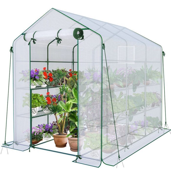 VOUNOT® Serre de jardin avec étagères 143x215x195cm blanc - bâche renforcée 135g/m² - fenêtre moustiquaire - porte enroulable