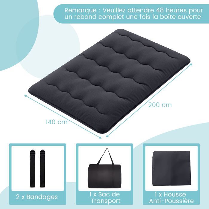 Colchón futón COSTWAY de 140 x 200 cm, con sobrecolchón extraíble y lavable, colchón portátil para suelo con bolsa de transporte para camping, color negro.