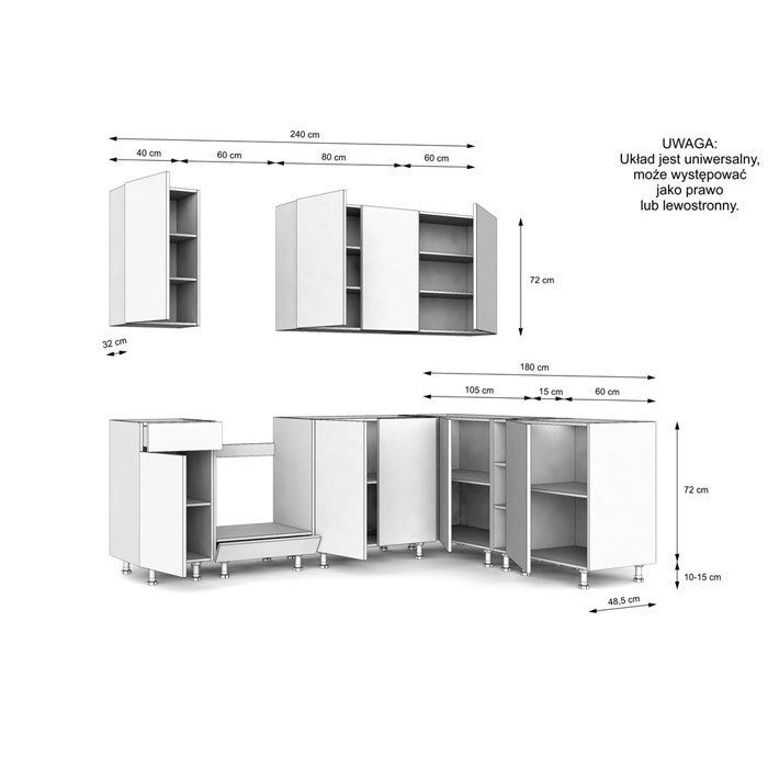 VARIO - Conjunto de muebles de cocina de esquina – 240 x 180 cm – Negro/Roble – Encimera incluida – Electrodomésticos no incluidos