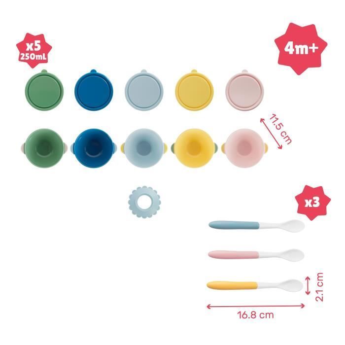 BADABULLE Lot de 5 bols bébé antidérapants 330ml, couvercles hermétiques + 3 cuillères souples 1er âge, compatibles micro-ondes