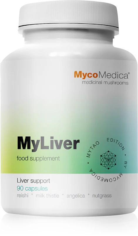 Cápsulas do suplemento alimentar MyLiver da MycoMedica para melhorar a função hepática.