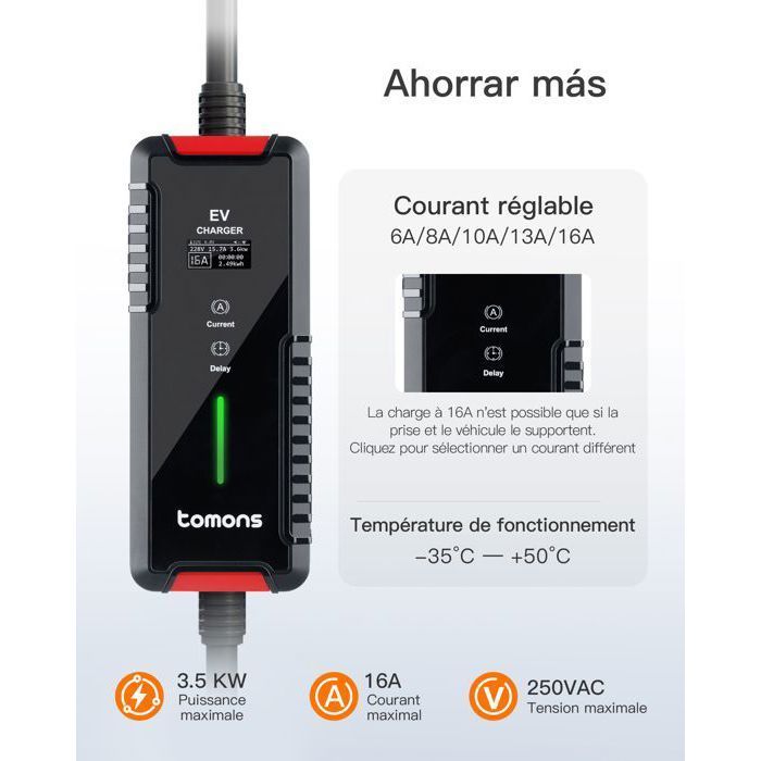 Cavo di ricarica Schuko Tipo 2 3,68 kW monofase 6-16 A 10 m per veicoli elettrici (EV) con display digitale e funzione di ritardo
