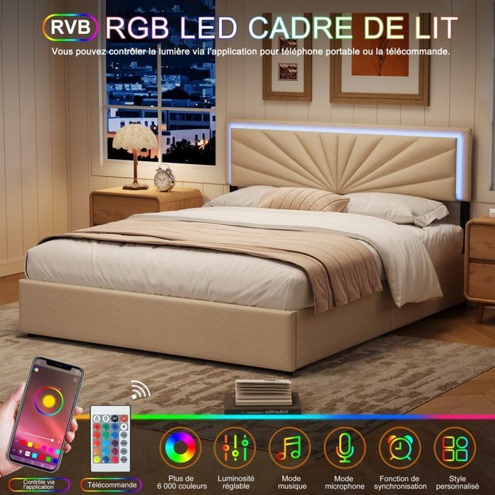 Lit Double 160 x 200 cm, Lit Rembourré avec 4 Tiroirs, Lit avec éclairage LED, Cadre de avec Tête de Réglable en Hauteur, Beige