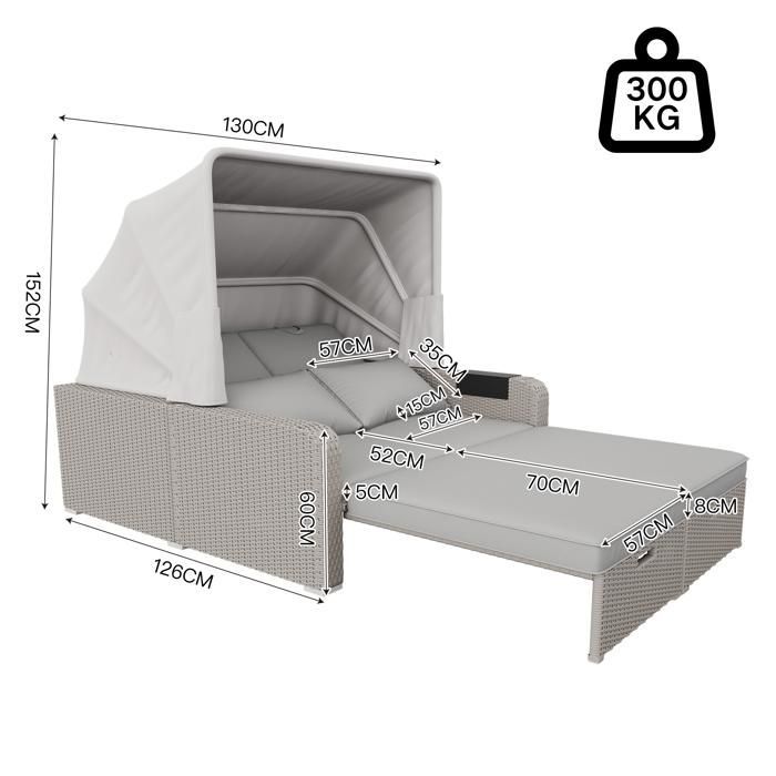 Set di mobili da giardino allungabile - Divano lounge in rattan PE con tettuccio regolabile - Struttura in acciaio - Tortora