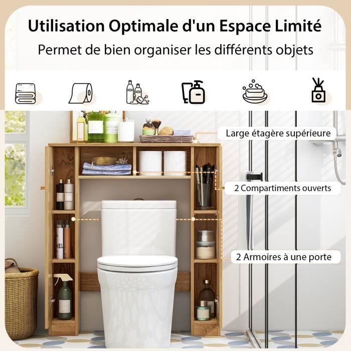 COSTWAY Meuble WC Au-dessus de Toilettes, 2 Compartiments, 2 Placard, 4 Étagères Réglables, Anti-basculement, 18x87,5x98 cm, Nature