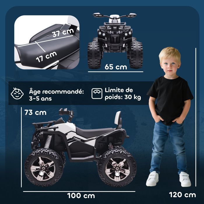 Quad Buggy électrique Enfant - HOMCOM - 12 V 8 Km/h Max. - Effets Lumineux sonores Selle avec Dossier - métal PP -Blanc Noir
