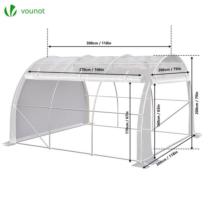 Estufa túnel VOUNOT® para todas as estações, 9m², branca - Aço galvanizado - Janelas e portas laterais com zíper e enrolamento