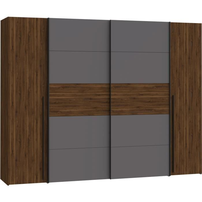 Armario NARAGO - Acabado en nogal Bakersfield y gris - 2 puertas correderas + 2 puertas batientes - 270 x 61 x 210 cm (ancho x profundidad x alto)