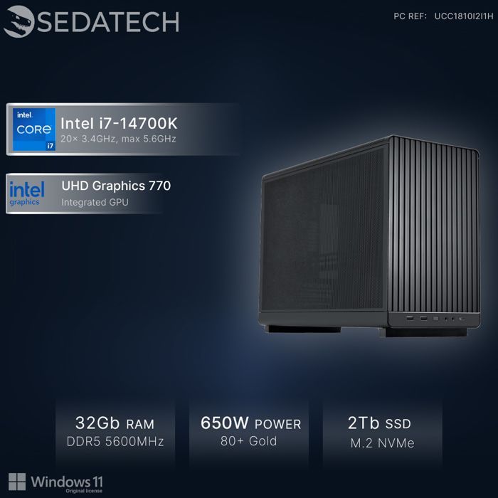 Sedatech Mini-PC Professionnel Micro ATX • Intel i7-14700K • 32Go DDR5 • 2To SSD M.2 • Windows 11