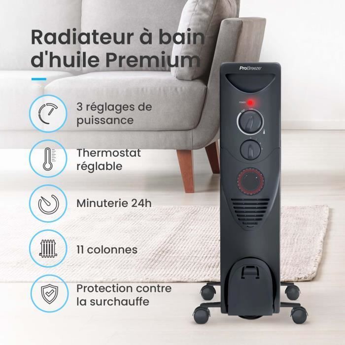 Radiador de aceite Pro Breeze de 2500 W, 11 columnas, temporizador, 3 niveles de calor, termostato - Negro