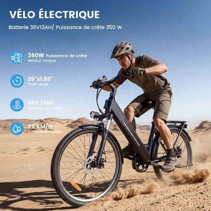AGILERIDE Vélo Électrique Adulte VTT 26'', Moteur 350W, Batterie amovible 36V 13Ah, 7 Vitesses, Charge 120 kg, Autonomie 90KM, Noir