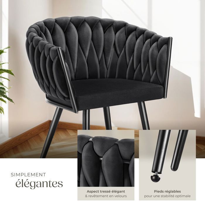 Sillas - TECTAKE - Juego de 2 sillones de comedor ASTANO en terciopelo de diseño con patas de acero delgadas - Negro