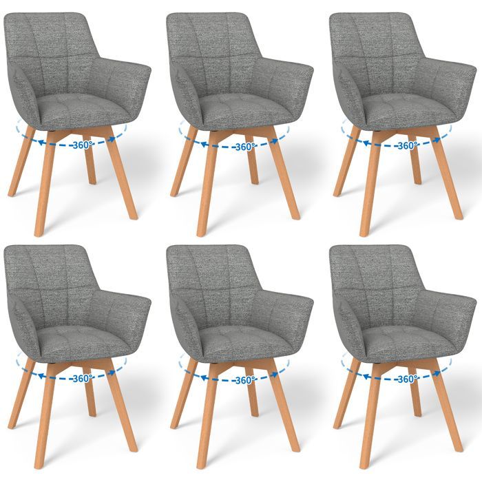 WAFTING Juego de 6 sillas de comedor giratorias con reposabrazos, sillón tapizado con respaldo de algodón, gris oscuro.