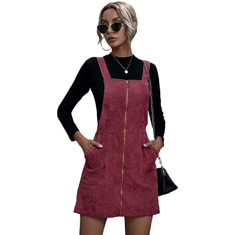 Robe salopette boutonnée en velours côtelé pour femme avec poches