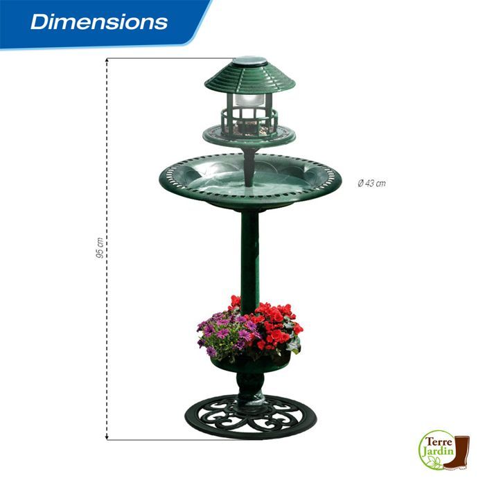 Fontaine abreuvoir à oiseaux sur pied avec lampe solaire et mangeoire