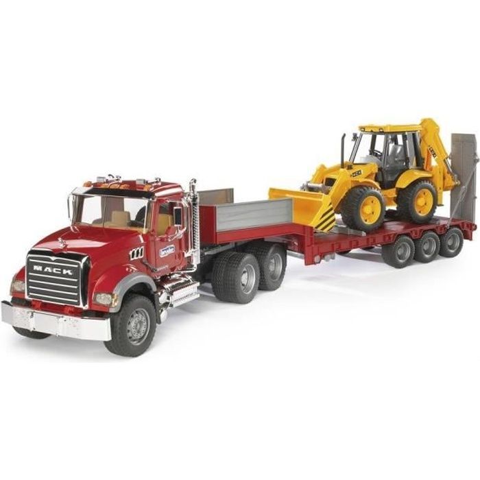 MACK Transport Truck with JCB 4CX Backhoe Loader - BRUDER - 1:16 Scale - Red
