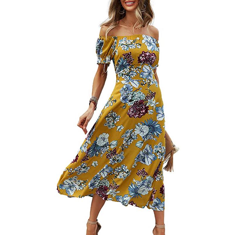 Robe midi fluide à imprimé floral bohème, manches courtes et fente, style bohème, col V.