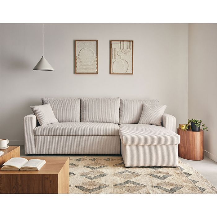 Cyrus - Sofá cama esquinero reversible de 4 plazas con almacenamiento - en pana - Beige