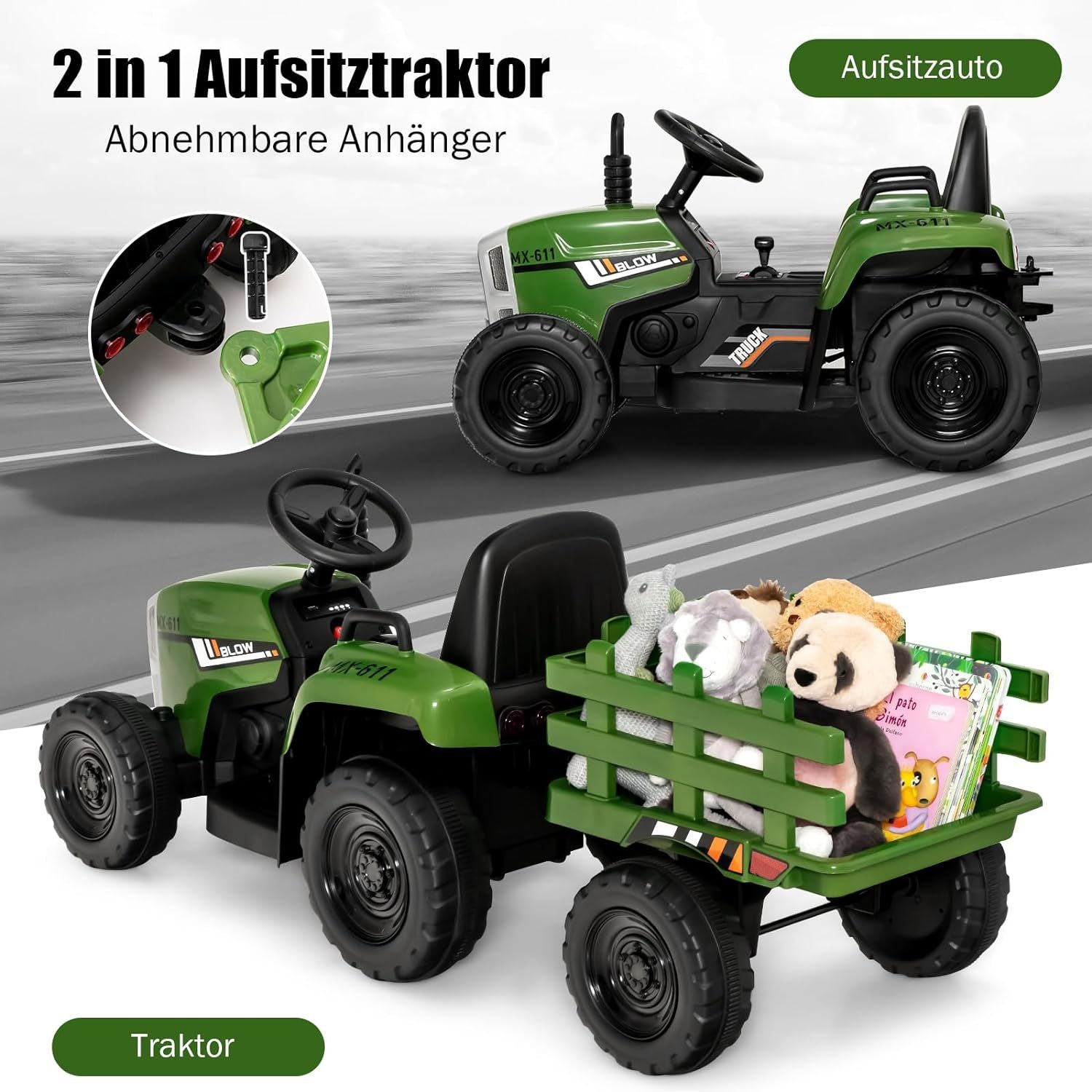 KOMFOTTEU elektrischer Kindertraktor, 30 kg Tragfähigkeit, ab 3 Jahren