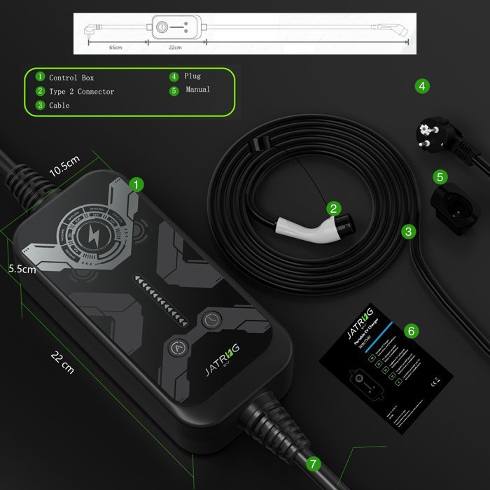 JATRHG Chargeur Voiture Electrique Portable 3.6KW-1.5KW 5M Type 2 monophase