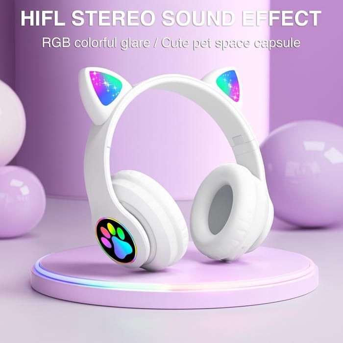 TECHTA draadloze Bluetooth-koptelefoon voor kinderen, opvouwbare koptelefoon in katvorm met LED-flitslicht, Bluetooth 5.0 met microfoon