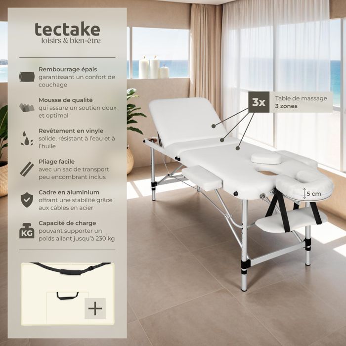 Massagebriks - TECTAKE - Højdejusterbar, foldbar behandlingsbriks med 3 sektioner, 210 x 95 x 90 cm - Hvid