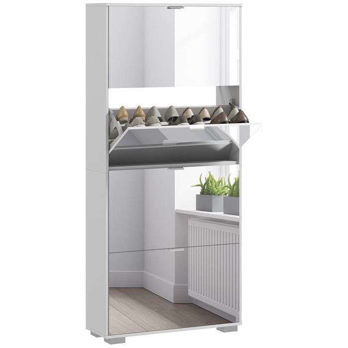Meuble à chaussures - HOMCOM - 2 en 1 façades miroir, 4 portes abattants, étagères réglables, jusqu'à 24 paires, 76l x 26P x 168H cm