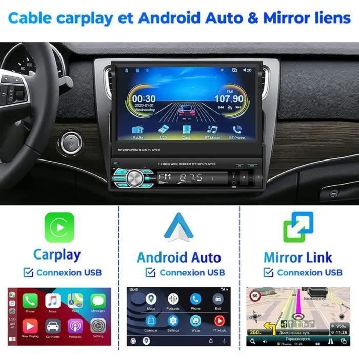 Autoradio 1 DIN Bluetooth con CarPlay, GPS, touchscreen retrattile da 7