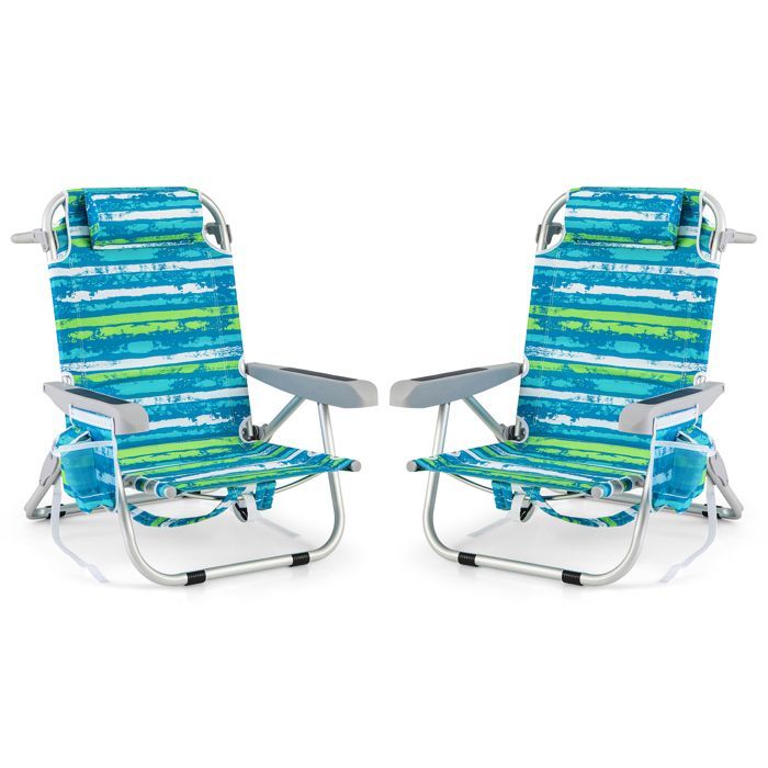 Juego de 2 sillas plegables de camping COSTWAY, 5 posiciones ajustables, reposacabezas, bolsillos laterales, soporte para toalla, correas, color verde.