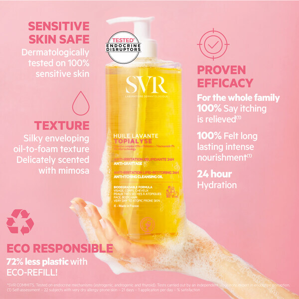 Aceite hidratante para ducha facial y corporal SVR TOPIALYSE, recarga de 1 litro.