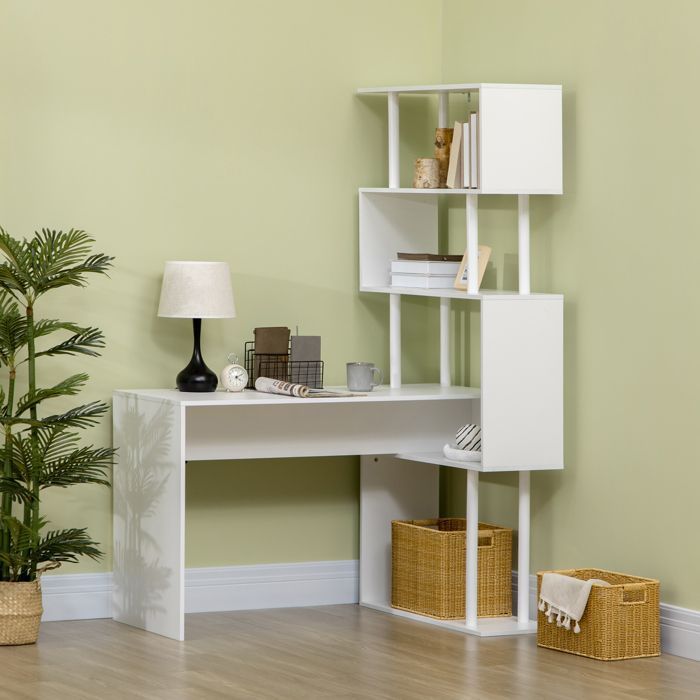 Corner desk - HOMCOM - with L-shaped storage shelves for study, office, or work - wood - 120x80x176cm - white