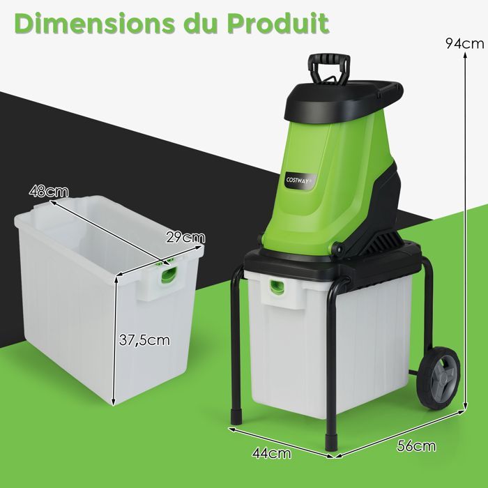 GOPLUS 2800W elektrische versnipperaar, hakselaar voor takken tot 45 mm dik, met opvangbak van 50 liter, 15:1 reductie, groen