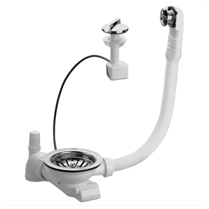 Single bowl sink waste with 90mm hole, automatic cable-operated waste with overflow, stainless steel