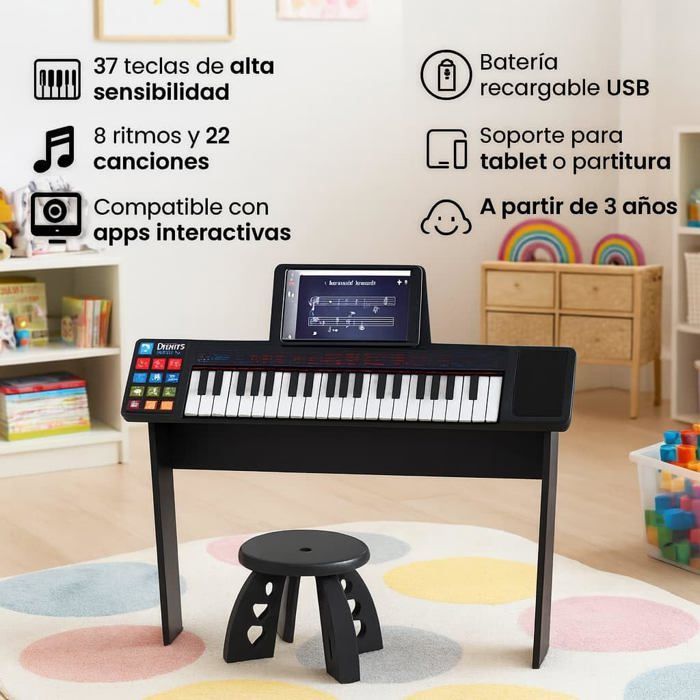 Children's electric piano - iDance - 37 keys - Rechargeable battery - 8 rhythms - 22 songs - Wooden base