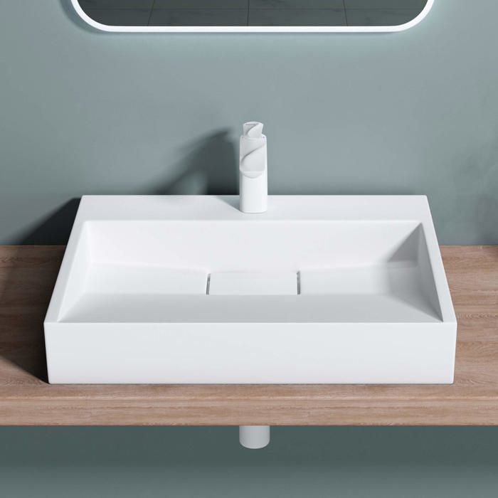 Lavabo mural Doporro con desagüe, lavabo de encimera, blanco mate, 50x38x11cm, lavabo rectangular con orificio para taladrar, Colossum19
