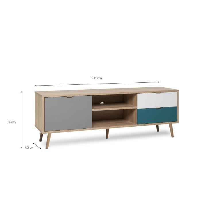 Mueble de TV escandinavo CUBA - Acabado en roble, gris, blanco y azul petróleo - 1 puerta - Ancho 150 x Profundidad 40 x Alto 51 cm